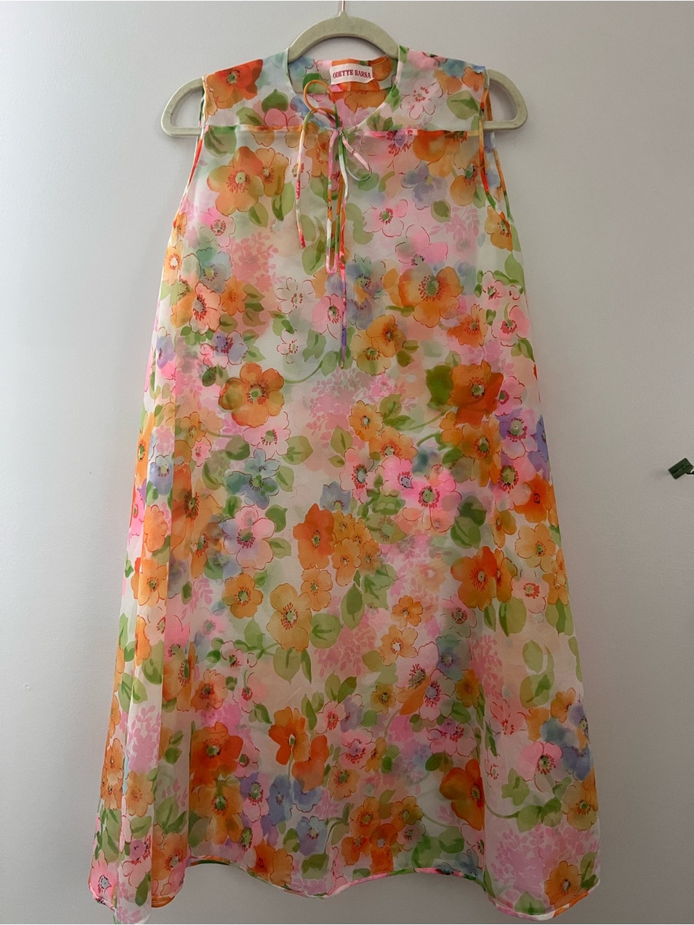 Vintage Odette Barsa Sheer Floral Chiffon Shift Dress Pink Orange Watercolor